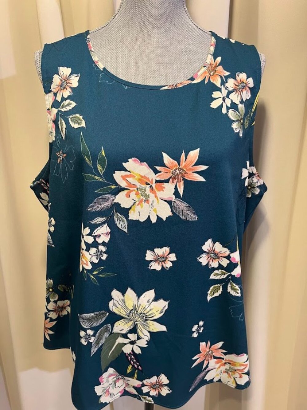 DR 2 Sleeveless Hunter Green Floral Woven Polyester Blouse Size XL